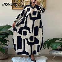 Vintage Print Maxi Dresses For Women Casual O Neck Long Sleeve Loose Party Dress Women Long Dress