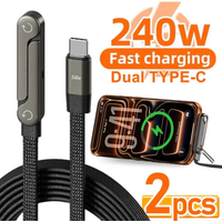 2 Pcs Foldable Data Cable 240W Fast Charging Foldable Phone Holder 2in1 Data Cable Fast Charging Multi Charger Cord With Type-C