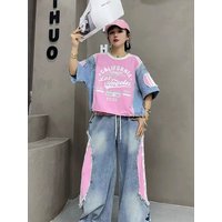 Casual Summer Women's Outfit T-Shirt And Jeans Set Letter Print Splicing Loose Long Pants Drawstring Cotton Denim Ensemble