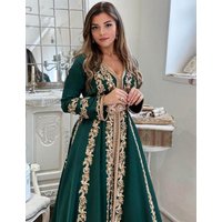 Ciynsia Customized Caftan Robe Formal Evening Dresses Long Sleeves Gold Lace A-Line Satin Dubai Arabic Muslim Party Gown