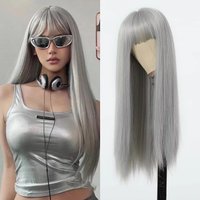 Long straight hair grandma gray synthetic wig Halloween party cosplay everyday wig hot wire wig headband