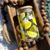 1pc lemon-patterned glass with lid and straw, 16-ounce glass cup and iced coffee cup suitable for beer juice,milk birthday gifts