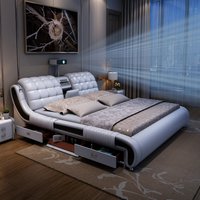 # Luxury Leather King Queen Size Bed Sofa Set Multi Functional Storage Massage Features Double Mattress Bedroom Furniture