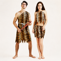 Adult Tiger Print Caveman Couple Costume Jagged Edge Prehistoric Outfit Halloween Themed Party Carnival Primitive Role Play