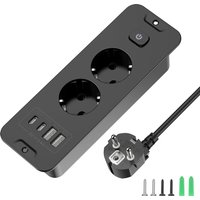 Multiprise de bureau intégrée aux normes européennes avec 2/3 prises CA, 2 ports USB, 2 ports de charge Type-C, câble de 2 m