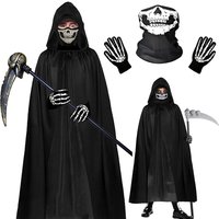 Halloween Horror Props Grim Reaper Cosplay Ghost Hooded Cape Skull Mask Gloves Scythe Adult Kids Halloween Costume Decorations