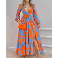 2022 Spring Women Long Sleeved Cutout V-Neck Twist Summer Elegant Tie Dyed Floral Printed Lantern Sleeve Split Thigh Maxi Dress