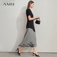 AMII Elegant Summer Dress Women New 2025 Short Sleeve Round Neck Contrast Color Slim Dresses Female Fashion Office Lady 12522040