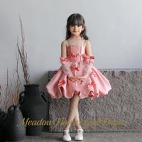 Meadow Peach Pink Satin Strapless Princess Girls Dress with Bow Ball Gown Party Tutu Dresses Knee Lenght Tutu Fluffy Prom Gown
