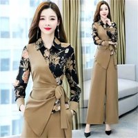 Belt Blazer Suit Female 2026 Spring Autumn Ladies Temperament Thin Wide-Leg Pants Two-Piece Suit Print Stitching Jacket Elegant