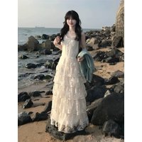 Lace Halter Dress Women's Holiday Style Long Fairy Skirt Gown V-neck Sleeveless High Waist A-line Silhouette Casual Wear