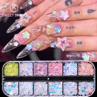 12 Grids Iridescent Nail Glitter Flakes Hollow Star Heart Flowers Rabbit Adorable Shape Aurora Sequins Japanese Manicure Slices