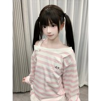 Japanisches Y2K Sweet Kawaii gestreiftes schulterfreies Sweatshirt mit Pfotenabdruck und langen Ärmeln, lockeres, lässiges Streetwear-Oberteil für Damen