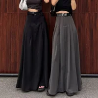 Lucyever Vintage Streetwear Pleated Long Skirts Women Elegant with Belt High Waisted Skirts Female Temperament Midi Suit Skirt