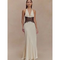 JULISSA MO Patchwork Sexy Deep V-neck Lace Halter Women Maxi Dress White Backless Evening Dress Summer Slim Elegant Party Dress