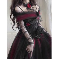 Japanese Dark Gothic Lolita Style Dress Women Sweet Elegant Lace Mesh Slash Neck Princess Long Dress Female Evening Party Dress