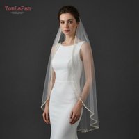 TOPQUEEN Pearl Bead Edge Bridal Veil Single-Layer Fingertip Long Pearl Wedding Veil Velo De Novia Lujosa V119