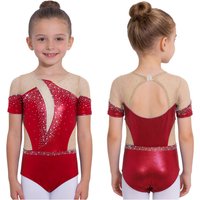 Girls Figure Skating Dance Leotards Costume Short Sleeve Cutout Back Sheer Mesh Patchwork Rhinestones Bodysuit Ballet Dancewear