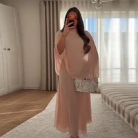 Elegant Pink High Neck Cape Dress Women Chic Loose Long Sleeve Flowy Chiffon Maxi Dress 2026 Spring Lady Evening Party Outfit
