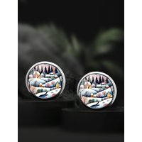 1 Pair of Winter Fairy Tale Town Pattern 316 Stainless Steel Earrings, Simple Classic Style Jewelry Earrings for Men and Women for Daily Wear and Vacation