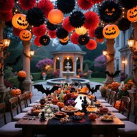 13pcs Halloween Decorations Paper Flower Ball Pumpkin Lantern Set for Indoor Outdoor Use - Red Black Orange Hanging Scene Decor