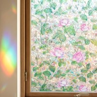 Pink Rose Rainbow 3D Stained Glass Window Film No Glue Reusable Static Cling Window Tint Privacy UV Block for Home Office Glass