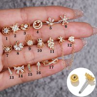 1Pc Gold Color Cubic Zirconia Flower Stud Earring for Women Stainless Steel Chain Cartilage Helix Tragus Ear Piercing Jewelry