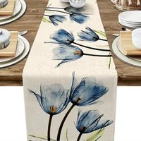 1pc Blue&Orange Tulip Linen Table Rustic Farmhouse Style Table Runner 13 x 72Inch, Kitchen Dining Table Decoration