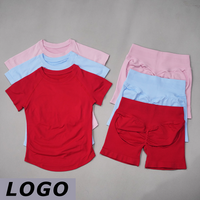 DF-LOGO Damen Nahtloses Yoga 2-teiliges Set Kurzarm-T-Shirt Hochgeschnittene Shorts Schnelltrocknend Hochelastisch Fitnessstudio Laufen Sportlich