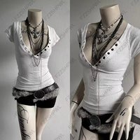 Spicy Girl Y2k Crop Top Button Harajuku Solid Color Slim Streetwear Rock Goth Short Sleeve T-shirt Punk Unique Hip Hop Short Tee