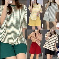 Women Pajamas Summer Two Pieces Sets O-neck Short Sleeve Shorts Pant Homewear With Chest Pad Thin Loose Striped Big Size Cute