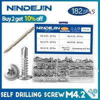 NINDEJIN 182pcs Cross Self Drilling Screw Kit 410 Alloy Steel M4.2 Washer Head/Flat/Pan Self Tapping Screw for Sheet Plate