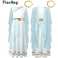 Girls Ancient Greek Toga Grecian Flowy Gown Dress with Headwear Fancy Outfits Halloween Greek Deity Cosplay Princess Costume