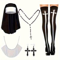Nun Costume Accessory Set with Catholic Nun Costume Hat, Nun Collar, Cross Pendent Necklace, Cross Print Stockings