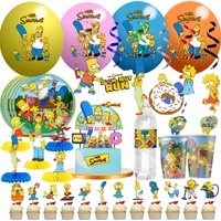 Funny Yellow Famliy Home Latex Foil Ballons Spiral Paper Cup Plate Happy Birthday Banner Cake Toppers Simpsons Party Decorate