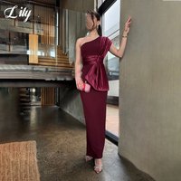 Lily Burgundy Evening Dresses with Bow Trumpet Party Dresses Satin Pleats One Shoulder Floor Length robe de soirée Customized