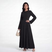 Muslim Abaya Dress Round Neck Flare Long Sleeve Waist Pleated Solid Color Maxi Dubai Kaftan Women Islamic Outfit Musulmane Femme