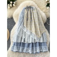 Sweet Forest System High Waist f Skirt Women's Summer New Design Lace Splicing Floral Asymmetrical Fairy Skirt