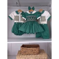 0-12Y Baby Girl Green Handmade Embroidery Smocked Dress Boy Suit for Birthday Photography Holiday Eid Casual Christmas A327