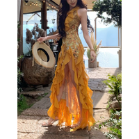 Bohemian Fashion Yellow Print Ruffles High Split Photo Long Dress Summer Resort Halter Deep V Neck Backless Beach Dress Robe
