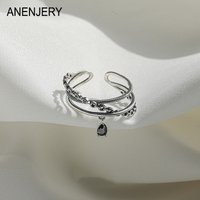 ANENJERY Three-layer Cross Black Zircon Water Drop Chain Open Ring for Women Personality Niche Design Retro bague femme anel