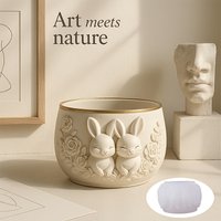Bunny Couple Planter Pot Silicone Mold - Thick-Wall Sturdy Round Jar Mold with Floral Relief & Rabbit Couple Design, Easy Demold