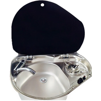 RV Camper Caravan Integrated Kitchen Sink & Gas Stove Combo With Black Glass Lid Stainless Steel 1-Burner Hob