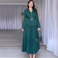 Elegant Women's Suit Jacket + Pleated Skirt 2 Piece Set Spring Autumn New Style Fashiona Button Top Loose Skirt Female Set 2025