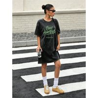 Vintage Washed Retro T-shirt Dress for Women, Fashion Streetwear Green Letter Print Dress
