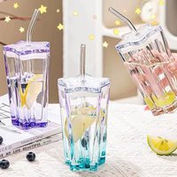300ml Five-Pointed Star Glass Cup With Straw Color Gradient Cups Cold Drink Cup Coffee With Lid Drinking Cup Drinkware