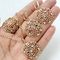 Kinel Hot 585 Rose Gold Color Ethnic Bride Ring Earrings Necklace for Women Hollow Pattern Natural Zircon Daily Fine Jewelry Set