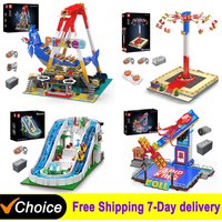 MOULD KING Amusement Park Toys Motorized Spinning Ride,Water Slide,Flying Swing Ride,Shark Pirate Ship Building Blocks Bricks