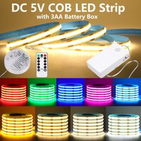 Pudełko na baterie 3AA, taśma LED COB 8mm, 5V, 320 LED/m, elastyczna taśma, pilot zdalnego sterowania/czujnik ruchu PIR, samoprzylepna taśma LED, 9 kolorów