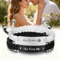 2 Pcs Black White Braided Rope Couple Bracelet Adjustable Stainless Steel Bracelet Valentines Day Gift